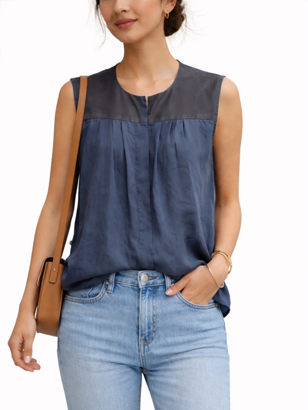 Sea New York navy sleeveless blouse with leather shoulders size 2